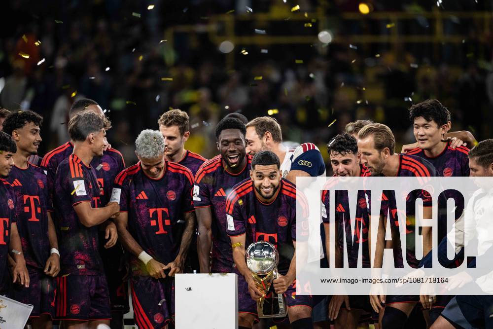 Ismael Saibari, 34, FC Bayern Munich with the trophy; Borussia Dortmund vs. FC Bayern Munich; soccer; Franz Beckenbauer Super Cup; August 22, 2026. DFB regulations prohibit any use of photographs as image sequences and or quasi-video. Dortmund, North Rhine-Westphalia, Germany