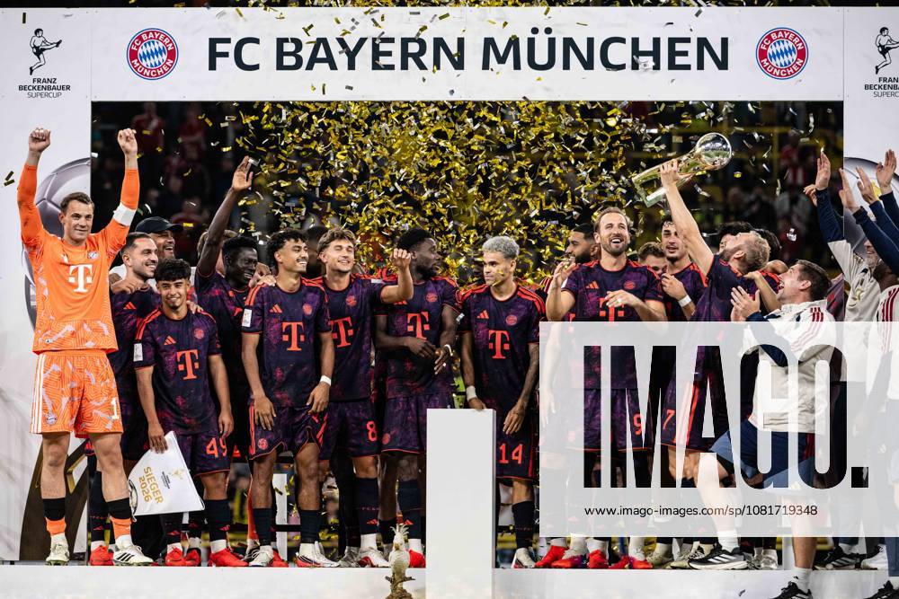 Konrad Laimer, 27, FC Bayern Munich with the trophy; Borussia Dortmund vs. FC Bayern Munich; soccer; Franz Beckenbauer Super Cup; August 22, 2026. DFB regulations prohibit any use of photographs as image sequences and or quasi-video. Dortmund, North Rhine-Westphalia, Germany