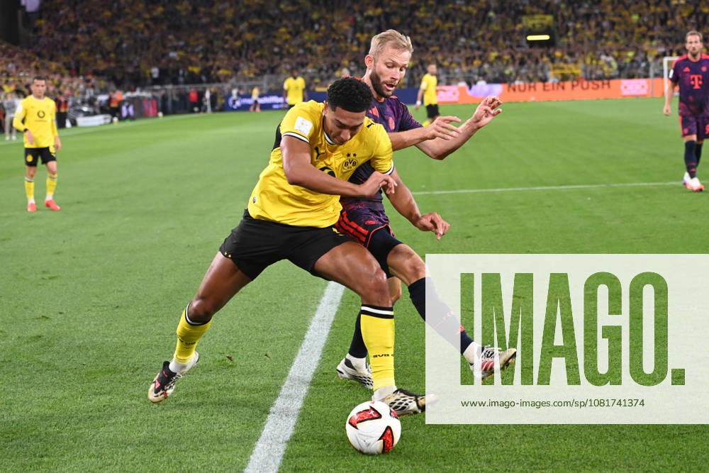 Jobe BELLINGHAM (DO) vs. Konrad LAIMER (M) Action, Tackle, Soccer DFL Franz Beckenbauer Super Cup 2026 Borussia Dortmund vs. FC Bayern Munich 1–2 on August 22, 2026, in Dortmund, Germany. DFL regulations prohibit any use of photographs as image sequences and or quasi-video.