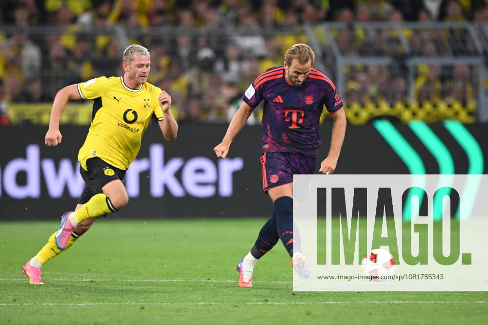 Harry KANE (M) vs. Julian RYERSON (DO) Action, Tackle, Soccer DFL Franz Beckenbauer Super Cup 2026 Borussia Dortmund vs. FC Bayern Munich 1–2 on August 22, 2026, in Dortmund, Germany. DFL regulations prohibit any use of photographs as image sequences and or quasi-video.