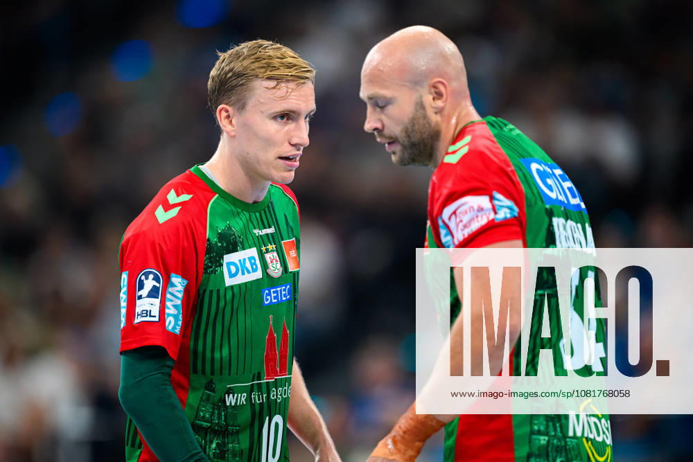 Munich HBL Super Cup 2026 SC Magdeburg, Fuechse Berlin; Gisli Thorgeir Kristjansson (SC Magdeburg), Oscar Bergendahl (SC Magdeburg); Munich SAP Garden, Bavaria, Germany