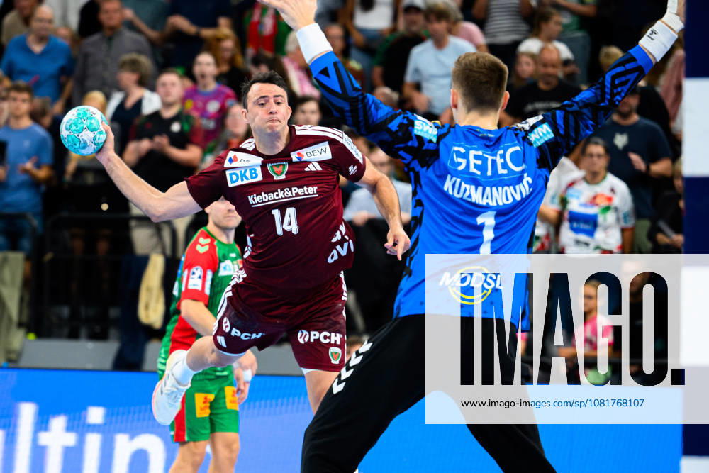 Munich HBL Super Cup 2026 SC Magdeburg, Fuechse Berlin, Arino Aitor (Berlin), Goalie Dominik Kuzmanovic (SC Magdeburg), Munich, SAP Garden, Bavaria, Germany