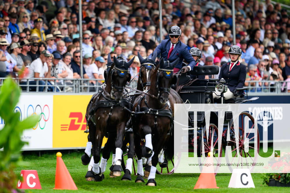 Fredrik Persson of Sweden, with his horses Fasco, Kaptain, Judson, and Kermit, competes in the Four-in-Hand cones on Day 13 of the 2026 FEI World Championships on August 23, 2026 in Aachen. Photo by Emma Wallskog. BILDBYRAN code EW EW0700 four-in-hand driving cones precision