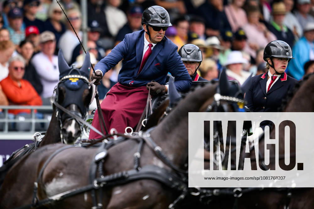 Fredrik Persson of Sweden, with his horses Fasco, Kaptain, Judson, and Kermit, competes in the Four-in-Hand cones on Day 13 of the 2026 FEI World Championships on August 23, 2026 in Aachen. Photo by Emma Wallskog. BILDBYRAN code EW EW0700 four-in-hand driving cones precision