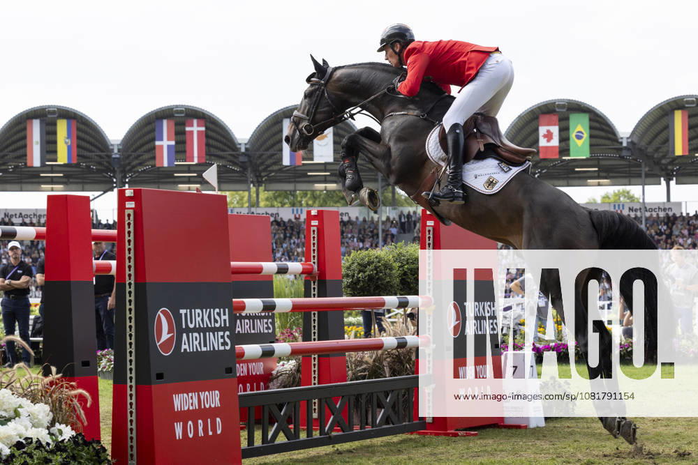 Daniel DEUSSER (GER) on Otello de Guldenboom, jumping, individual performance, in the S3 jumping competition, Round A, FEI Jumping World Championship Individual Final LONGINES Prize, on August 23, 2026, FEI World Equestrian Championships Aachen 2026, August 11–23, 2026, in Aachen, Germany Â