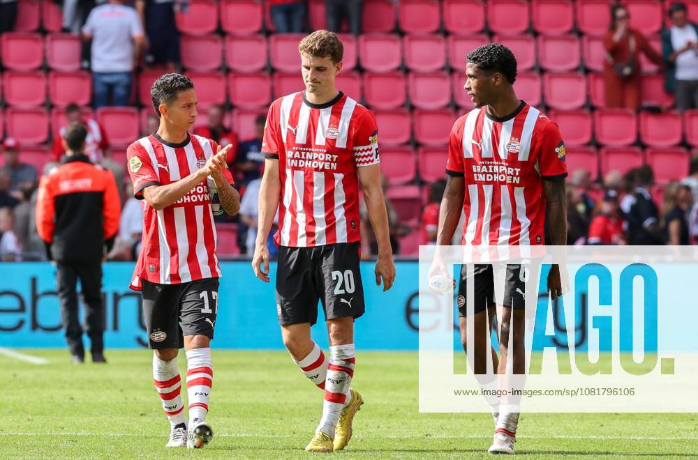 PSV Eindhoven defender Mauro Junior, PSV Eindhoven midfielder Guus Til, and PSV Eindhoven defender Ryan Flamingo after the Vriendenloterij Eredivisie match between PSV and FC Groningen at Philips Stadium on August 23, 2026, in Eindhoven, the Netherlands