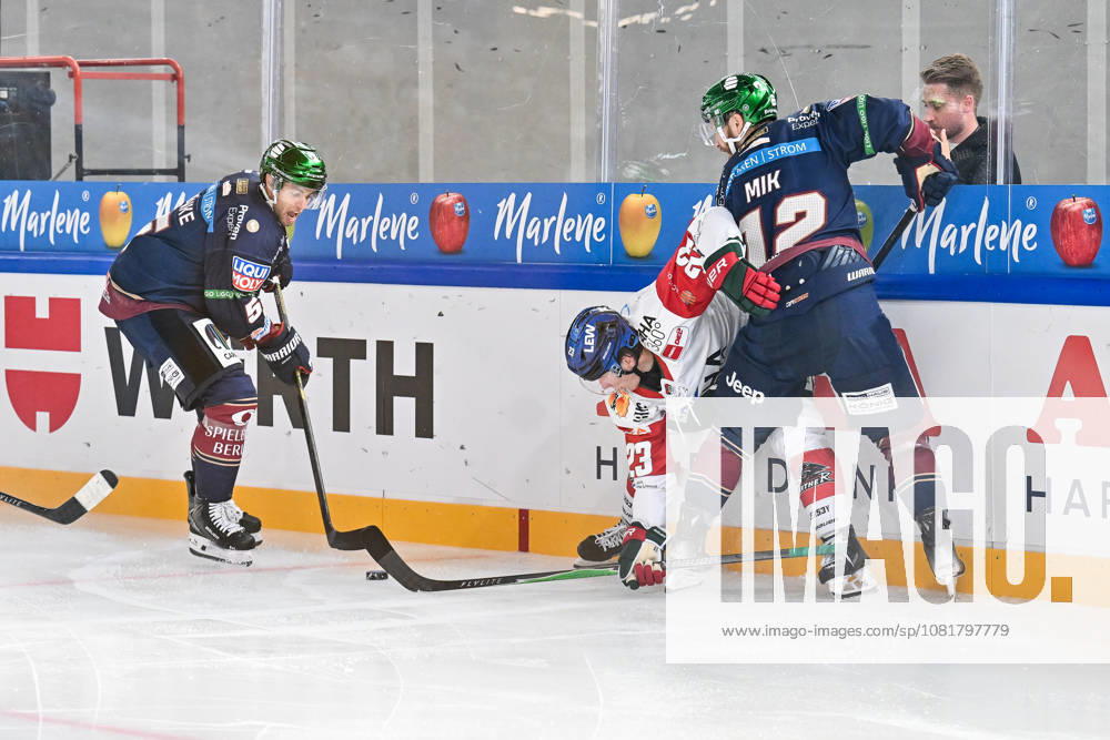 Dolomites Cup 2026 Eisbären Berlin vs. Augsburger Panther August 23, 2026 NEUMARKT, ITALY August 23, from left: Mitch REINKE, Eisbären Berlin 5, Jimmy LAMBERT, Augsburger Panther 23, and Eric MIC, Eisbären Berlin 12, during the exhibition game between the Eisbären Berlin and the Augsburger Panther at the Dolomiten Cup in the Würth Arena Neumarkt