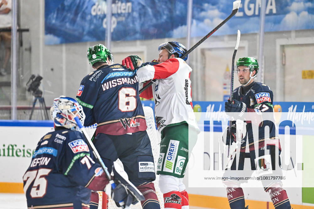 Dolomites Cup 2026: Eisbären Berlin vs. Augsburger Panther, August 23, 2026, NEUMARKT, ITALY, August 23: Kai WISSMANN of the Eisbären Berlin (No. 6) and Cameron WRIGHT of the Augsburger Panther (No. 16) face off during the exhibition game between the Eisbären Berlin and the Augsburger Panther at the Dolomiten Cup in the Würth Arena in Neumarkt