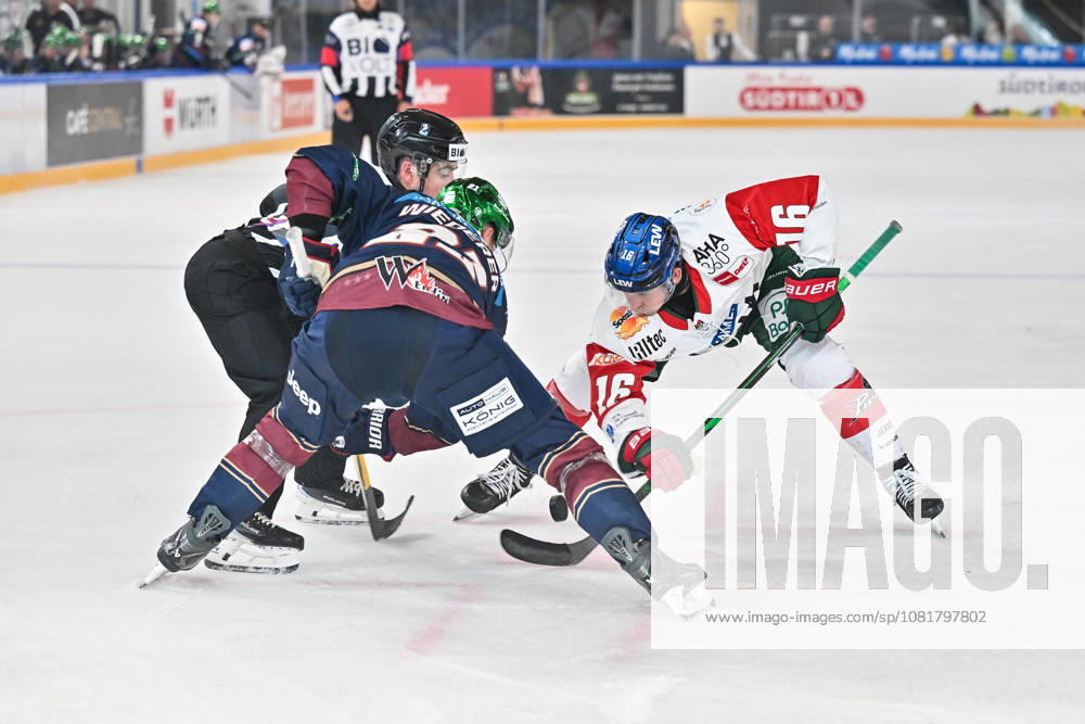 Dolomites Cup 2026 Eisbären Berlin vs. Augsburger Panther August 23, 2026 NEUMARKT, ITALY August 23: Manuel WIEDERER of the Eisbären Berlin (No. 21) and Cameron WRIGHT of the Augsburger Panther (No. 16) face off at the faceoff during the exhibition game between the Eisbären Berlin and the Augsburger Panther at the Dolomiten Cup in the Würth Arena in Neumarkt