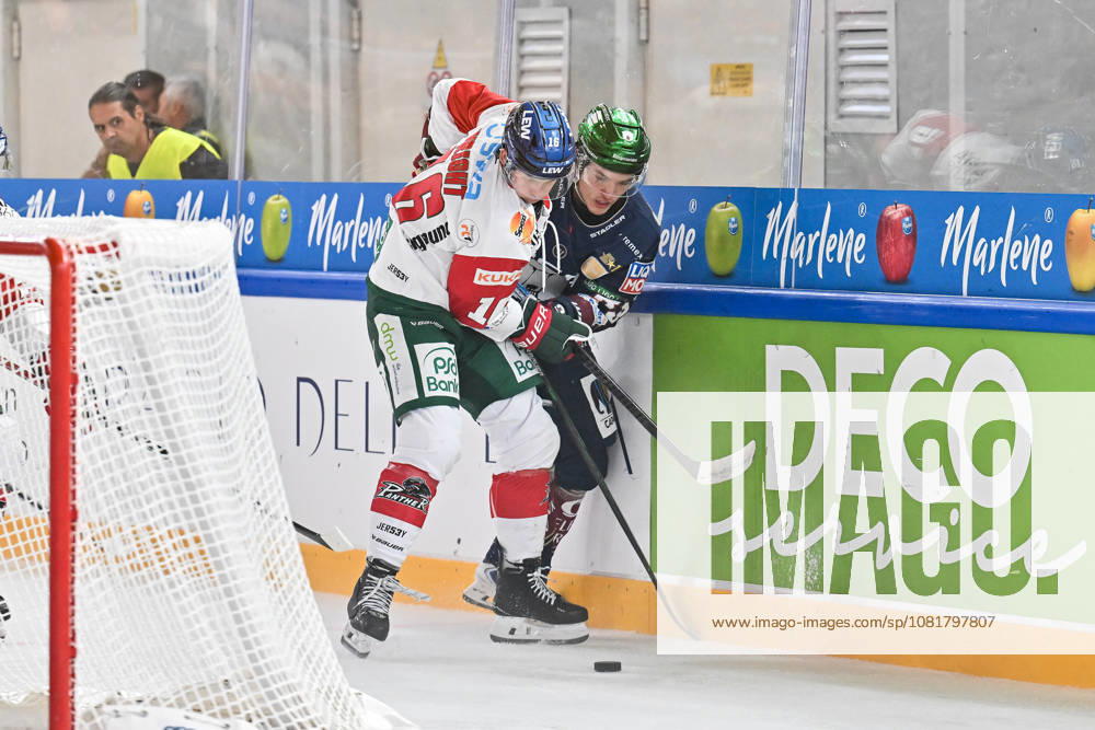 Dolomites Cup 2026: Eisbären Berlin vs. Augsburger Panther, August 23, 2026, NEUMARKT, ITALY, August 23: Cameron WRIGHT of the Augsburger Panther (No. 16) and Moritz KRETZSCHMAR of the Eisbären Berlin (No. 83) face off during the exhibition game between the Eisbären Berlin and the Augsburger Panther at the Dolomiten Cup in the Würth Arena in Neumarkt