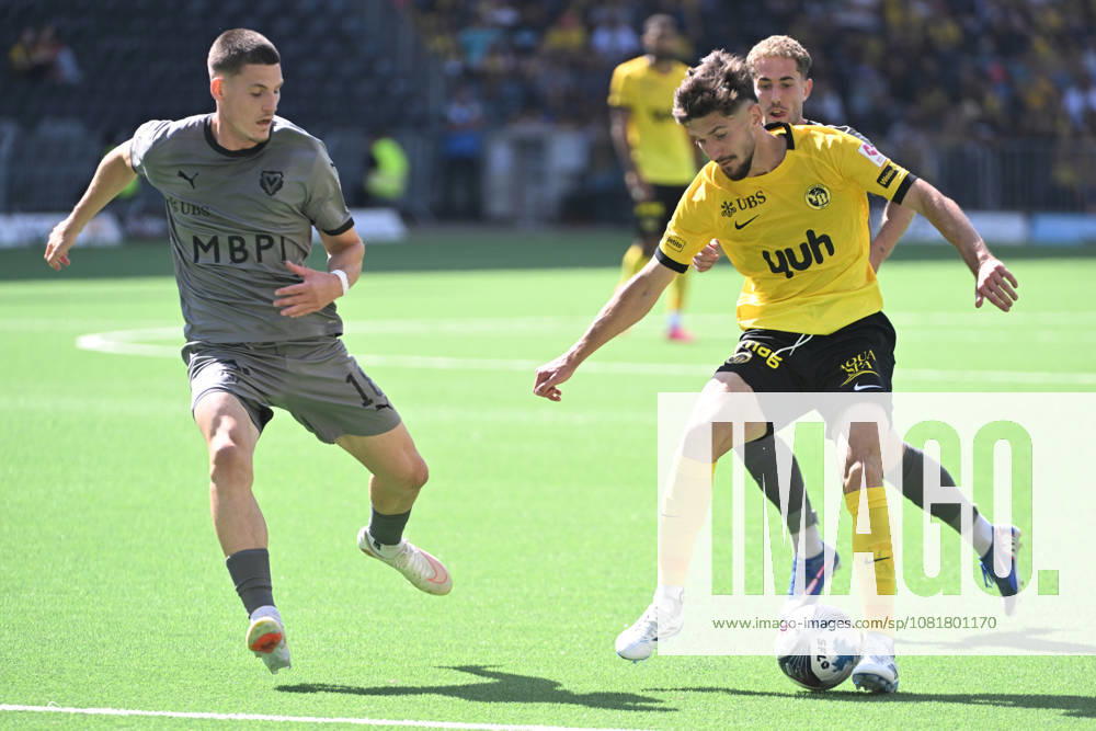 BERN, SWITZERLAND, AUGUST 23: Armin Gigovic of Young Boys (right) faces off against Daniel Kasper of Vaduz (left) during the Swiss Super League match between BSC Young Boys and FC Vaduz at Wankdorf Stadium on August 23, 2026, in Bern, Switzerland. Bern, Wankdorf Stadium, Bern, Switzerland