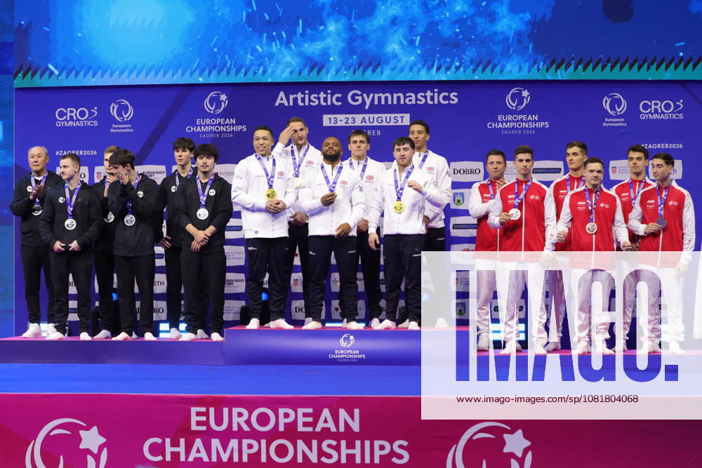 Winners from RUS, GBR, and SUI after the senior team final at the 2026 European Championships in Zagreb on August 23, 2026