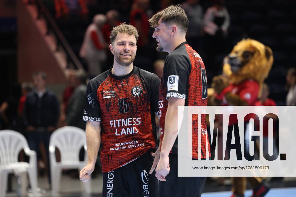 Bela Pieles, 25, of MTV Braunschweig laughs and pumps his fist after a successful play at the Volkswagen Halle in Braunschweig. The club s mascot can be seen in the background. Bela Pieles, 25, of MTV Braunschweig celebrates with a teammate.