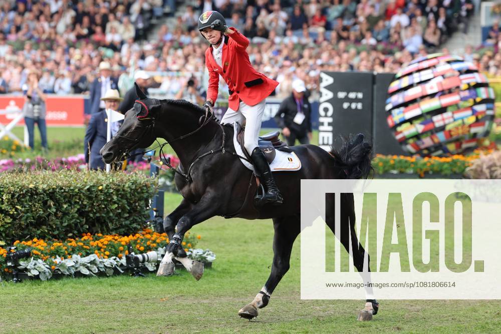 Celebrations for 2nd place: Thibeau Spits (BEL, Belgium) with his horse Impress K vaunt Kattenheye Z, Show Jumping, FEI Jumping World Championship, FEI Jumping World Championship, Individual Final, Longines Prize, Jumping, AACHEN FEI World Championships 2026, World Festival of Equestrian Sports, 2026 Equestrian World Championships, Aachen 2026, Welcome Home 2026, Aachen Soers, August 11–23, 2026, Equestrian Sports, August 23, 2026, Aachen Soers, Germany
