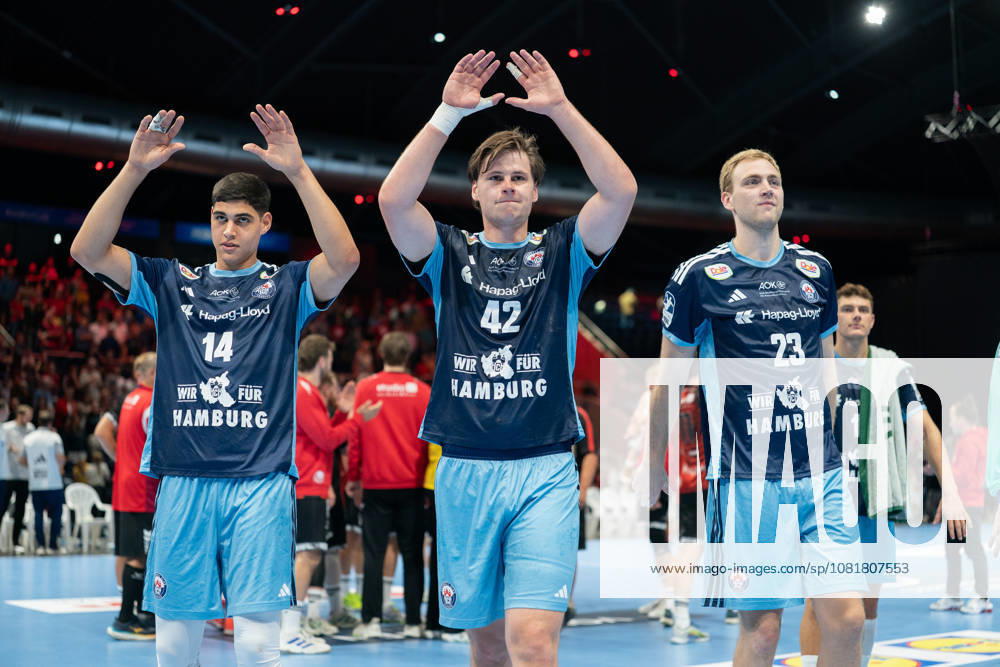 Mahmoud El Shobaky No. 14, HCH Hamburg; Jan Christian Schmidt No. 42, HCH Hamburg; and Einar Olafsson No. 23, HCH Hamburg, celebrating after the final whistle GER, MTV Braunschweig vs. HCH Hamburg, handball, DHB Cup, 1st round, 2026–27 season, August 23, 2026, GER, MTV Braunschweig vs. HCH Hamburg, Handball, DHB Cup, Round 1, 2026–27 season, August 23, 2026, Braunschweig