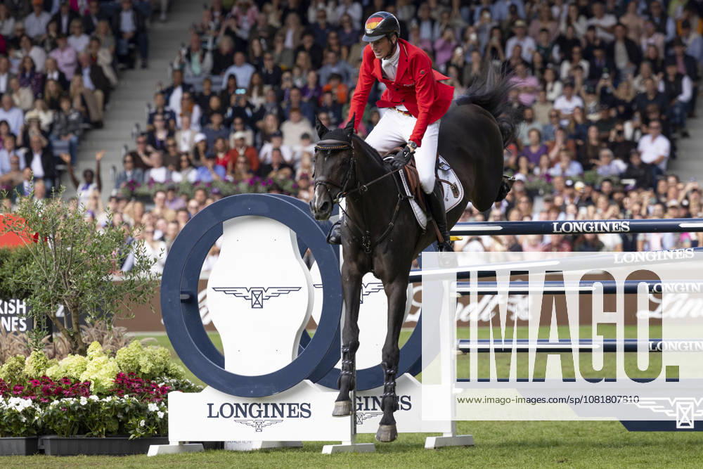 Daniel DEUSSER (GER) on Otello de Guldenboom, with a fault on the final jump, single frame, individual action, action, Jumping S3, Round B, FEI Jumping World Championship Individual Final LONGINES Prize, on August 23, 2026, FEI World Equestrian Games Aachen 2026, August 11–23, 2026, in Aachen, Germany Â