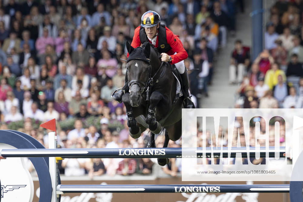 Marcus EHNING (GER) on Coolio 42, during a jump, final jump, single frame, single action, action, Jumping S3, Round B, FEI Jumping World Championship Individual Final LONGINES Prize, on August 23, 2026, FEI World Equestrian Games Aachen 2026, August 11–23, 2026, in Aachen, Germany Â