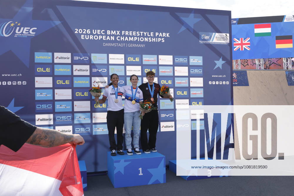 Women’s Final at the UEC BMX Freestyle Park European Championships in Darmstadt Host: VC Darmstadt From left: 2. Elsa Rendall Todd (GBR), 1. Noemi Molnar (HUN), 3. Lillyana Seidler (GER) Darmstadt, Hesse, Germany