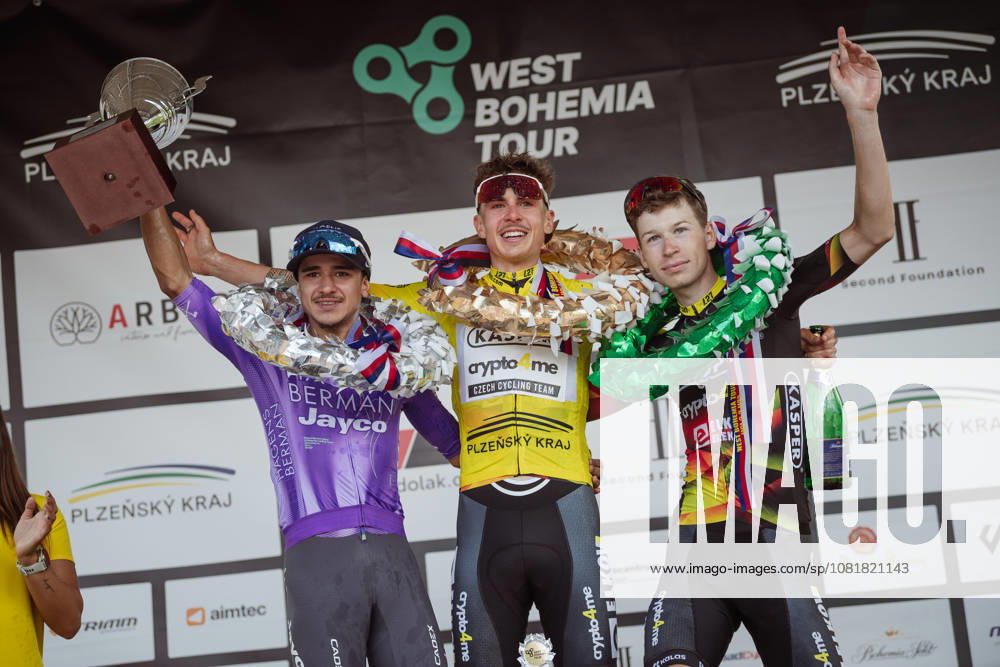 West Bohemia Tour 2026, stage 3, Road cycling, Rad, Radsport, Strasse final general classification podium Vaclav Jezek (Kasper Crypto4me, middle, winner), Daniel Moreira (Hagens Berman Jayco, left, second), Adam Pesek (Kasper Crypto4me, right, third), on August 23, 2026, Pilsen, Czechia. (CTKxPhoto JanxBrychta) CTKPhotoF202608230005301 CTKPhotoF202608230005301