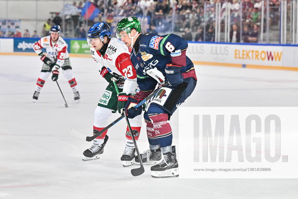 Dolomites Cup 2026 Eisbären Berlin vs. Augsburger Panther, August 23, 2026, NEUMARKT, ITALY, August 23: Tim WOHLGEMUTH of the Augsburger Panther (No. 33) and Kai WISSMANN of the Eisbären Berlin (No. 6) face off during the exhibition game between the Eisbären Berlin and the Augsburger Panther at the Dolomiten Cup in the Würth Arena in Neumarkt