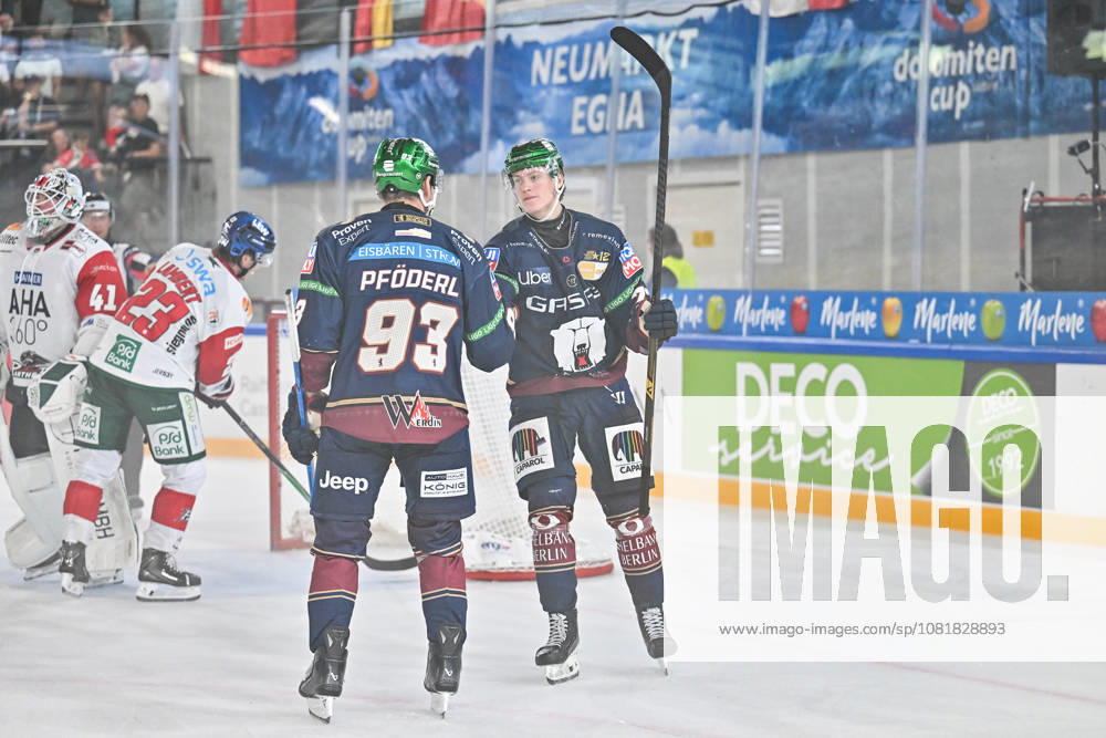 Dolomites Cup 2026 Eisbären Berlin vs. Augsburger Panther August 23, 2026 NEUMARKT, ITALY August 23 The Eisbären celebrate after Eric HÖRDLER scores to make it 6–0 Eisbären Berlin 77 Goal Scorer Joy Happy during the exhibition game between the Eisbären Berlin and the Augsburger Panther at the Dolomiten Cup in the Würth Arena Neumarkt
