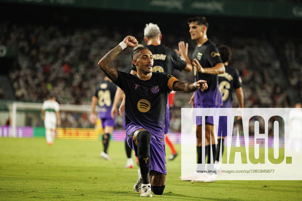 Raphinha seen celebrating after scoring goal during LaLiga EA SPORTS 2026 2027 game between teams of Elche CF and FC Barcelona, Barca (Maciej Rogowski Ball Raw Images) Elche Manuel Martinez Stadium Spain