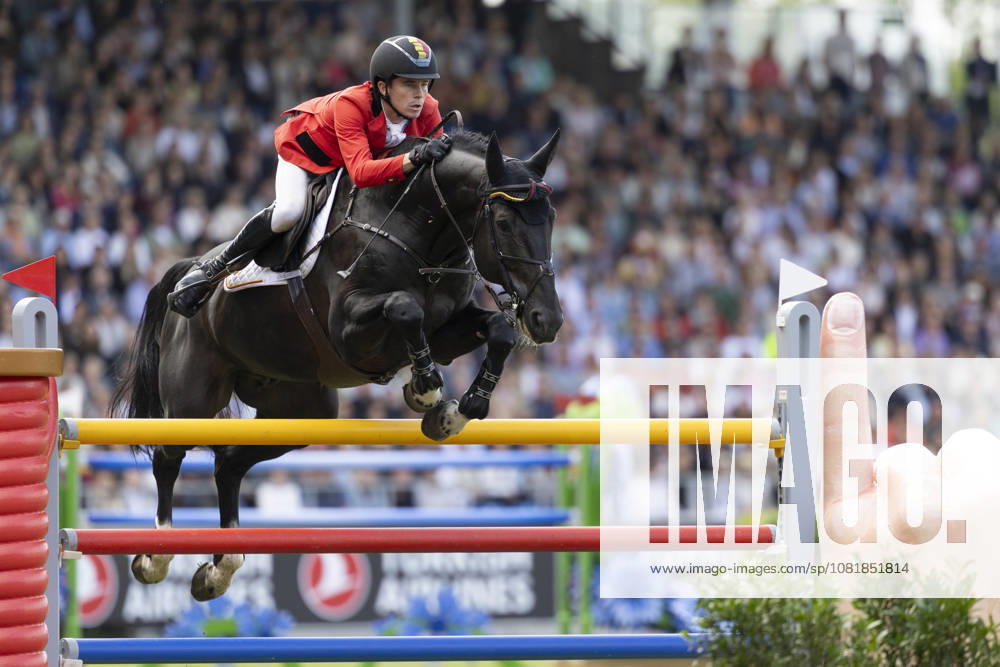 Thibeau SPITS BEL on Impress K van t Kattenheye Z, during a jump, wins silver; single frame, single action, action, Jumping S3, Round B, FEI Jumping World Championship Individual Final LONGINES Prize, on August 23, 2026, FEI World Equestrian Championships Aachen 2026, August 11–23, 2026, in Aachen, Germany Â