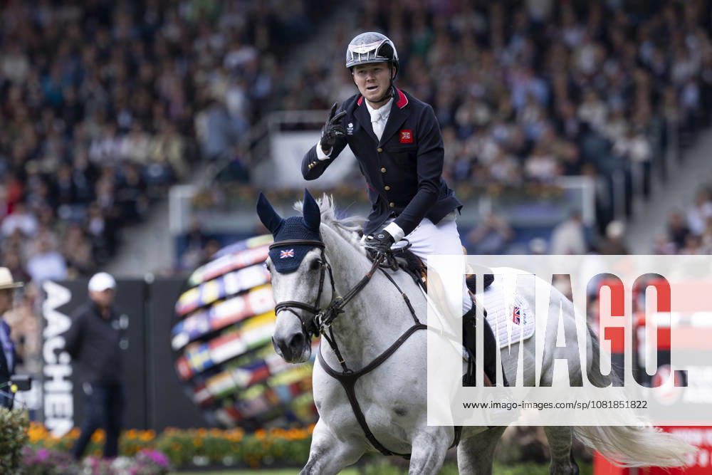 Harry CHARLES GBR on LT Holst Freda, after the final jump, joy, laughter, cheering, wins bronze, single frame, single action, action, Jumping S3, Round B, FEI Jumping World Championship Individual Final LONGINES Prize, on August 23, 2026, FEI World Equestrian Games Aachen 2026 from August 11–23, 2026 in Aachen, Germany Â