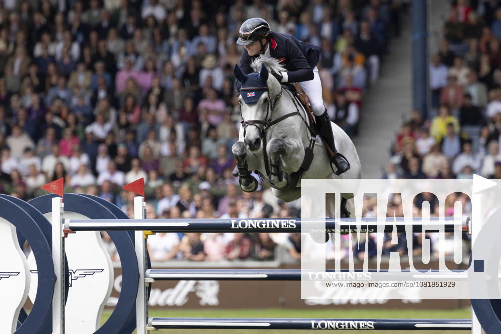 Harry CHARLES GBR on LT Holst Freda, clearing the final jump, wins bronze; single frame, single action, action shot, Show Jumping S3, Round B, FEI Jumping World Championship Individual Final LONGINES Prize, on August 23, 2026, FEI World Equestrian Games Aachen 2026, August 11–23, 2026, in Aachen, Germany Â