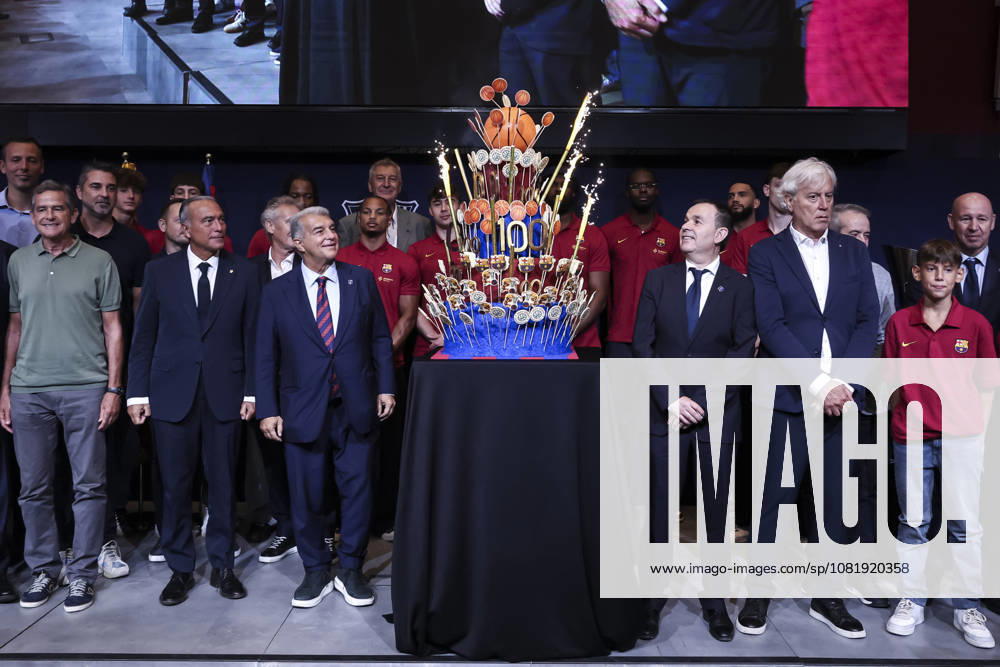 Joan Laporta, President of FC Barcelona, Barca with cake celebratory during presentation of the Centenary events of the FC Barcelona Basketball section at Auditori 1899 on August 24, 2026 in Barcelona, Spain. Barcelona Spain - ZUMAa181 20260824_zaa_a181_005