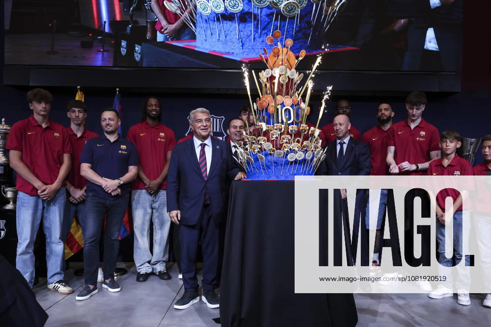 Joan Laporta, President of FC Barcelona, Barca with cake celebratory during presentation of the Centenary events of the FC Barcelona Basketball section at Auditori 1899 on August 24, 2026 in Barcelona, Spain. Barcelona Spain - ZUMAa181 20260824_zaa_a181_009