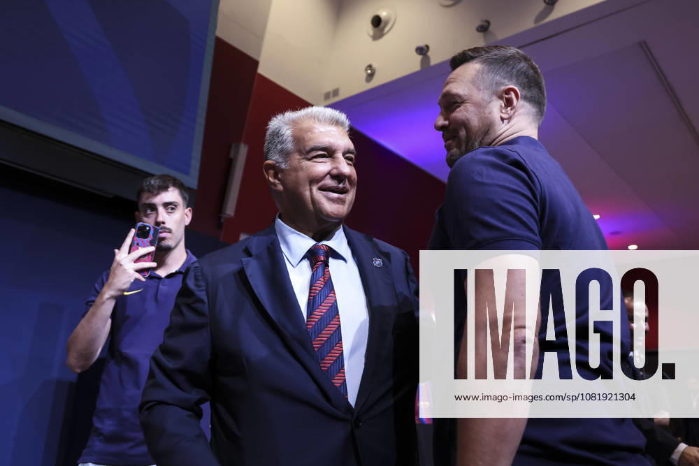 Joan Laporta, President of FC Barcelona, Barca saludates to Aleksander Sekulic, during presentation of the Centenary events of the FC Barcelona Basketball section at Auditori 1899 on August 24, 2026 in Barcelona, Spain. Barcelona Spain - ZUMAa181 20260824_zaa_a181_045