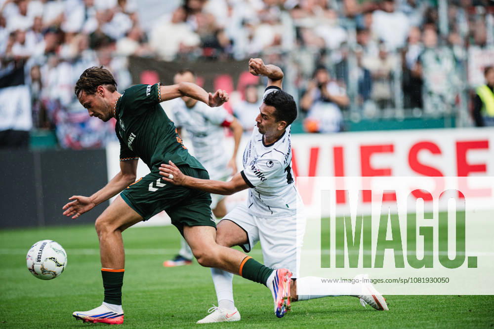 DFB Cup: Lüneburger SK vs. SV Werder Bremen, August 22, 2026; Olivier Deman (SV Werder Bremen, No. 2) in a tackle with Leon Perera (Lüneburger SK Hansa, No. 12) on the ball; soccer, DFB Cup, First Round: Lüneburger SK vs. SV Werder Bremen on August 22, 2026, at Millerntor Stadium, Hamburg. DFB regulations prohibit any use of photographs as image sequences and or quasi-video.