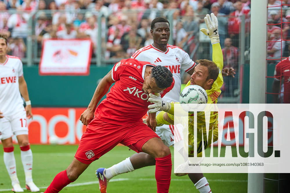 David Abrangao (FC Würzburger Kickers), scored in the 3rd minute against Marvin Schwaebe (1. FC Köln), 01, the goal—a header—giving FC Würzburger Kickers a 1–0 lead, GER, Würzburger Kickers vs. 1. FC Köln, soccer, men’s, DFB Cup, 1st Round, 2026–2027 season, August 24, 2026 DFL, DFB regulations prohibit any use of photographs as image sequences and or quasi-video GER, Würzburger Kickers vs. 1. FC Köln, Soccer, Men’s, DFB Cup, 1st Round, 2026–2027 season, August 24, 2026, Würzburg