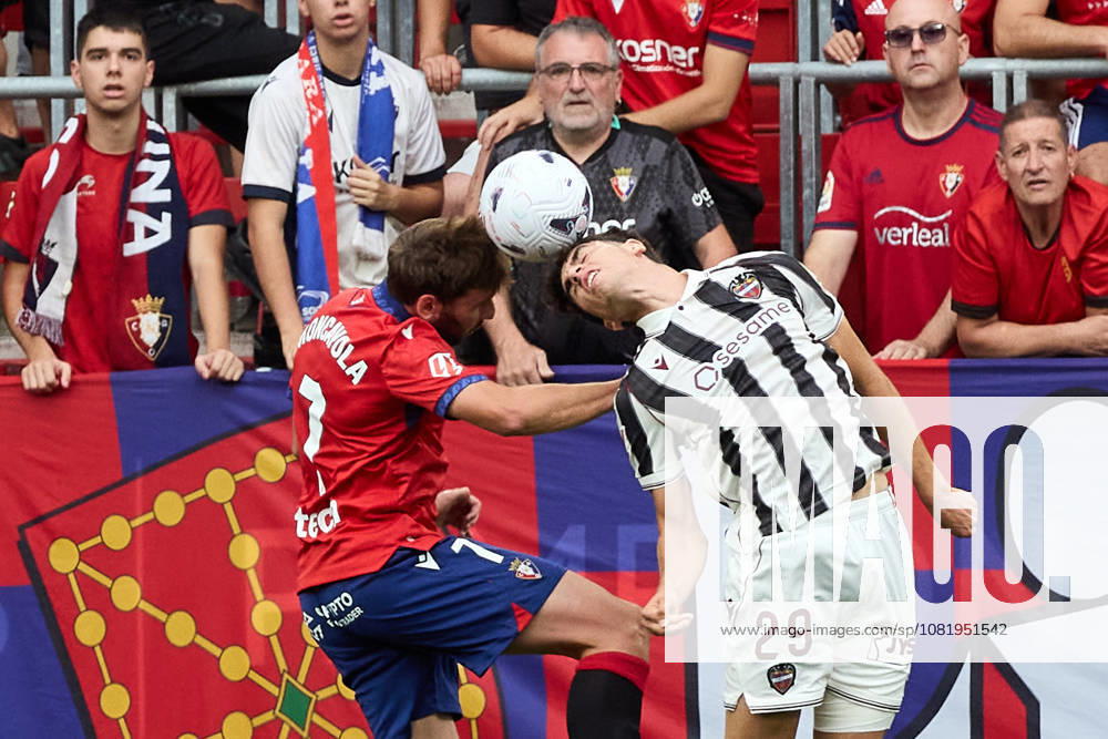 LaLiga EA Sports: CA Osasuna vs. Levante UD — Jon Moncayola of Osasuna and Nacho Perez of Levante UD during the LaLiga EA Sports match between CA Osasuna and Levante UD, played at El Sadar Stadium in Pamplona, Spain, on Aug. 24, 2026