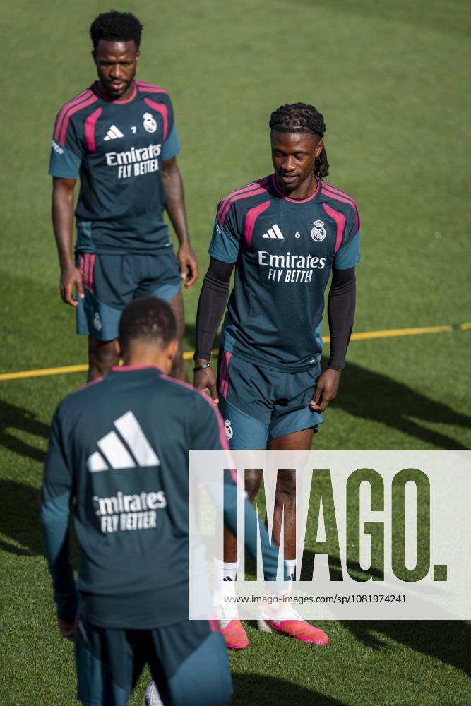 Real Madrid training session Eduardo Camavinga of Real Madrid CF (R) is seen training with his teammates during the training session ahead of their LaLiga EA Sports football match against Real Sociedad at Ciudad Real Madrid on August 25, 2026 in Madrid, Spain. Madrid Ciudad Real Madrid Madrid Spain