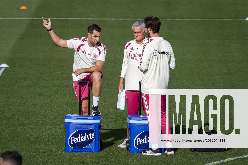 Real Madrid training session Jose Mourinho, head coach of Real Madrid CF, is seen with his collaborators during the training session ahead of their LaLiga EA Sports football match against Real Sociedad at Ciudad Real Madrid on August 25, 2026 in Madrid, Spain. Madrid Ciudad Real Madrid Madrid Spain