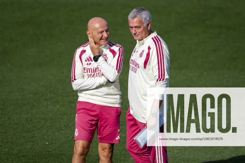 Real Madrid training session Jose Mourinho (R), head coach of Real Madrid CF, is seen talking with Antonio Pintus (L) during the training session ahead of their LaLiga EA Sports football match against Real Sociedad at Ciudad Real Madrid on August 25, 2026 in Madrid, Spain. Madrid Ciudad Real Madrid Madrid Spain