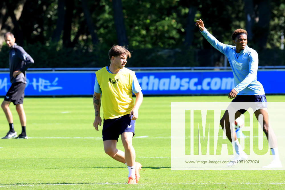 Germany, Soccer, 2. Bundesliga, 2026–2027 Season, Sportforum, Hertha BSC, Training: Mads Pedersen (Hertha BSC Berlin 66), Farid Alfa Ruprecht (Hertha BSC Berlin 20), 2. Bundesliga. DFB and DFL regulations prohibit any use of photographs as image sequences and or quasi-video. Berlin Sportforum, Berlin, Germany