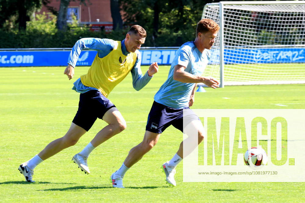 Germany, Soccer, 2. Bundesliga, 2026–2027 season, Sportforum, Hertha BSC, Training: Niklas Kolbe (Hertha BSC Berlin, No. 27), Sebastian Groenning (Hertha BSC Berlin, No. 17), 2nd Division DFB DFL regulations prohibit any use of photographs as image sequences and or quasi-video. Berlin Sportforum, Berlin, Germany