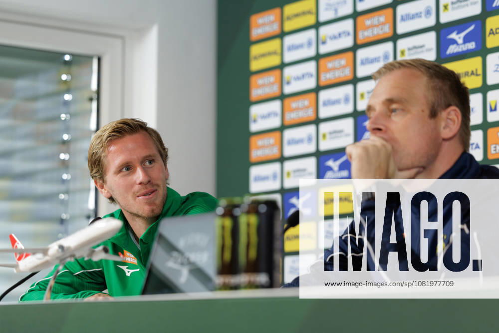 SOCCER - UEFA ECL, Rapid vs Hearts VIENNA,AUSTRIA,25.AUG.26 - SOCCER - UEFA Conference League, play-off, SK Rapid Wien vs Heart of Midlothian FC, preview, press conference, PK, Pressekonferenz Rapid. Image shows Tonni Adamsen and head coach Johannes Hoff Thorup (Rapid). GEPAxpictures Rauthner