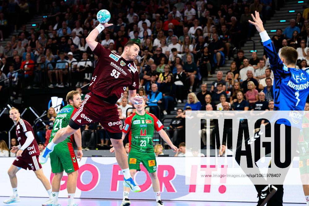 Munich HBL Super Cup 2026 SC Magdeburg, Fuechse Berlin, Mijajlo Marsenic (Berlin), Goalie Dominik Kuzmanovic (SC Magdeburg), Munich, SAP Garden, Bavaria, Germany