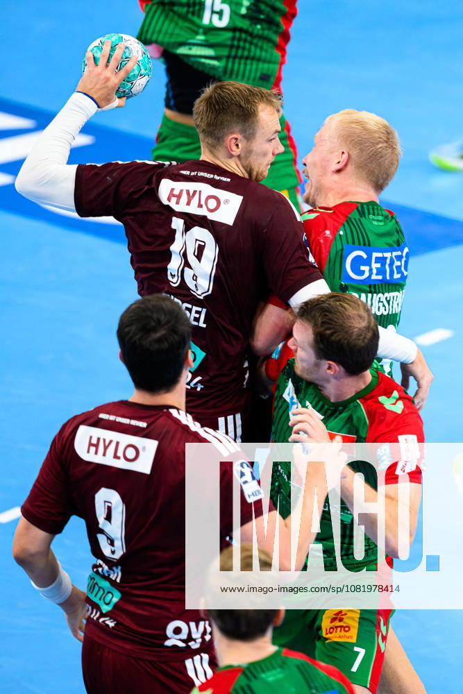 Munich HBL Super Cup 2026 SC Magdeburg, Fuechse Berlin: Mathias Gidsel (Berlin), Magnus Saugstrup Jensen (SC Magdeburg), Frederik Simak (Berlin), Felix Claar (Magdeburg); Hylo Advertising; Munich; SAP Garden; Bavaria; Germany