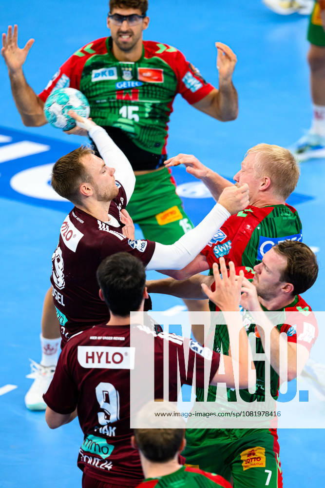 Munich HBL Super Cup 2026 SC Magdeburg, Fuechse Berlin: Mathias Gidsel (Berlin), Magnus Saugstrup Jensen (SC Magdeburg), Frederik Simak (Berlin), Felix Claar (Magdeburg); Munich, SAP Garden, Bavaria, Germany