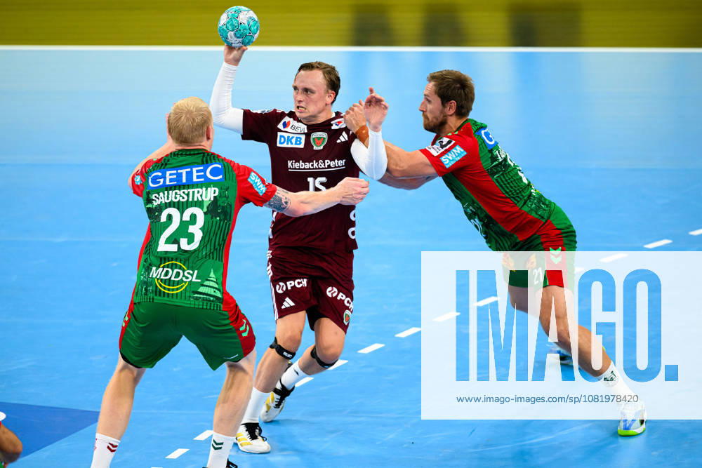 Munich HBL Super Cup 2026 SC Magdeburg vs. Füchse Berlin: Magnus Saugstrup Jensen (SC Magdeburg), Tobias Grondahl (Berlin), Albin Lagergren (SC Magdeburg) – Munich SAP Garden, Bavaria, Germany