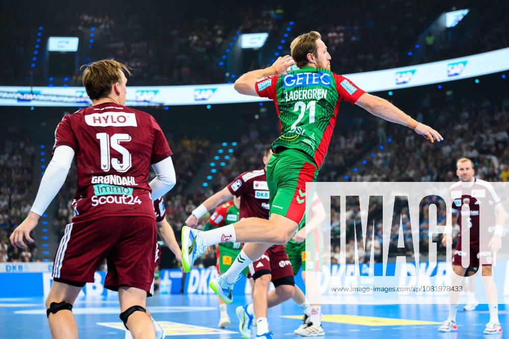Munich HBL Super Cup 2026 SC Magdeburg vs. Füchse Berlin; Tobias Grondahl (Berlin), Albin Lagergren (SC Magdeburg); Munich SAP Garden, Bavaria, Germany