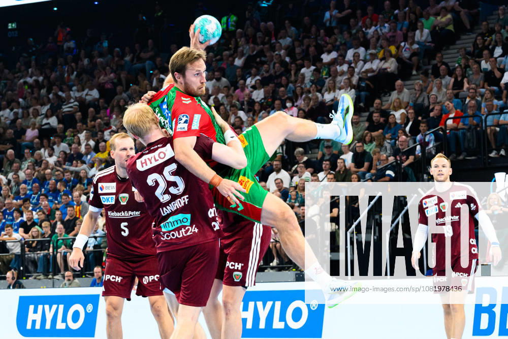 Munich HBL Super Cup 2026: SC Magdeburg vs. Fuechse Berlin—Matthes Langhoff (Berlin) and Albin Lagergren (SC Magdeburg) go head-to-head at the SAP Garden in Munich, Bavaria, Germany