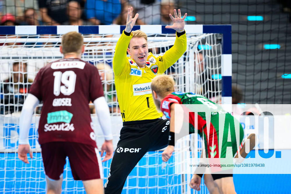 Munich HBL Super Cup 2026 SC Magdeburg, Fuechse Berlin; Goaltender Lasse Ludwig (Berlin), Matthias Musche (SC Magdeburg); Munich, SAP Garden, Bavaria, Germany