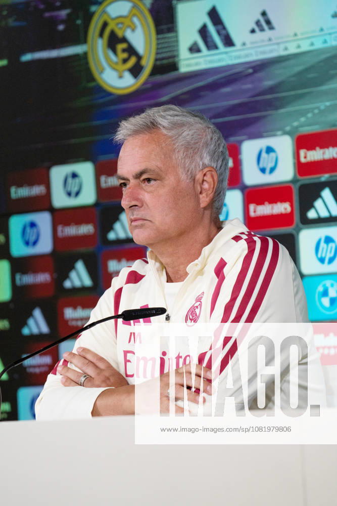 ESP Jose Mourinho, Real Madrid coach, attends a press conference. Jose Mourinho, head coach of Real Madrid, attends his press conference, PK, Pressekonferenz, during Real Madrid s training session ahead of the Spanish League, LaLiga EA Sports, soccer match against Real Sociedad at Real Madrid’s Ciudad Deportiva in Valdebebas, Madrid, on August 25, 2026, Spain