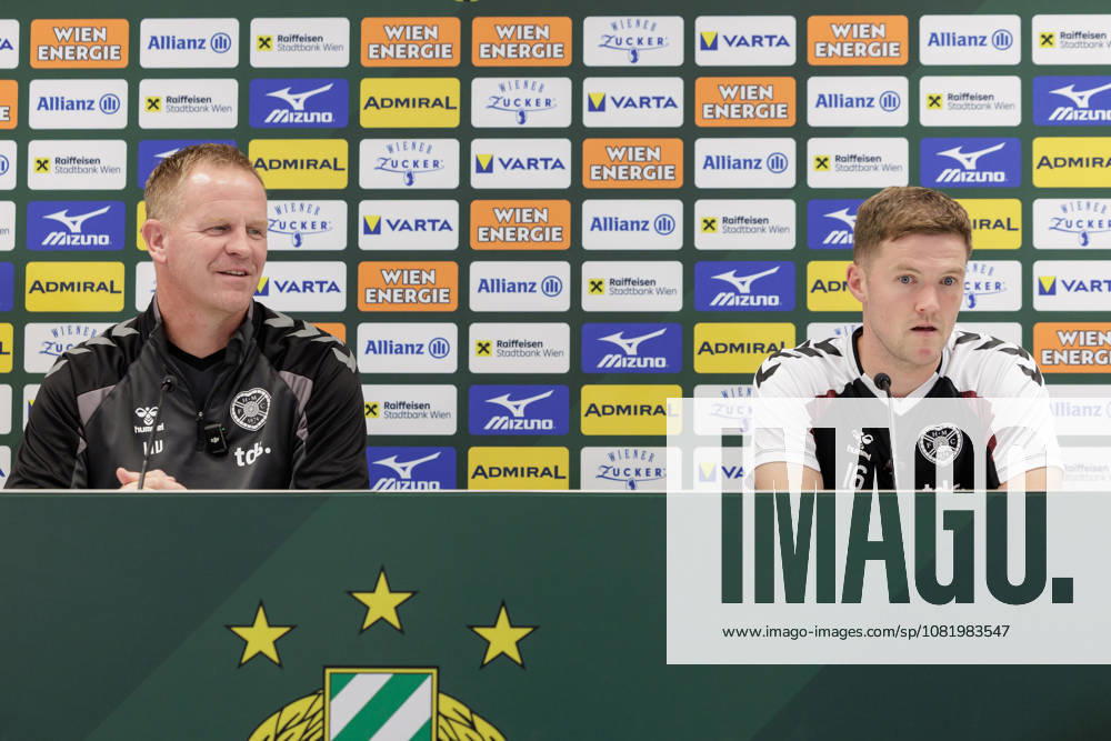 SOCCER - UEFA ECL, Rapid vs Hearts VIENNA,AUSTRIA,25.AUG.26 - SOCCER - UEFA Conference League, play-off, SK Rapid Wien vs Heart of Midlothian FC, preview, press conference, PK, Pressekonferenz Hearts. Image shows head coach Wouter Vrancken and Blair Spittal (Hearts). GEPAxpictures Rauthner